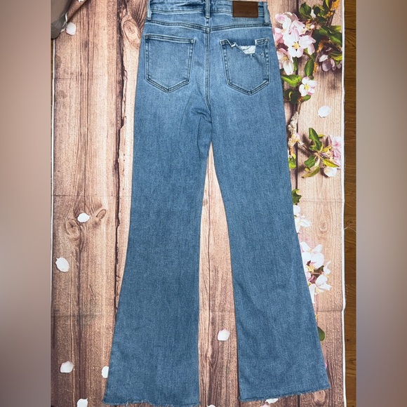 Hidden Blue Distressed Flare Jeans with Leather Patch and slit - Picture 2 of 10